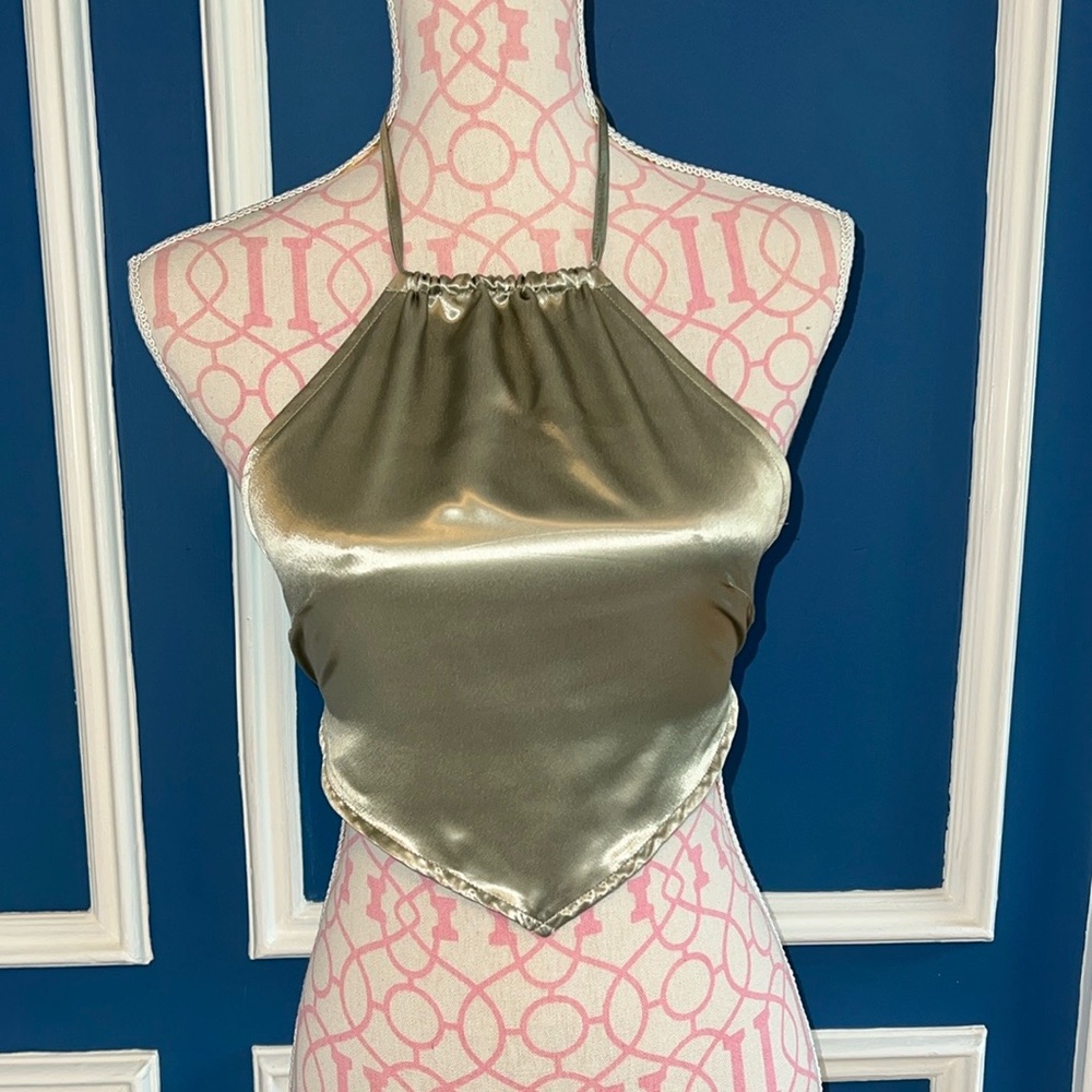 Runaway the Label Sage Green Satin Halter Scarf Top - Size XS